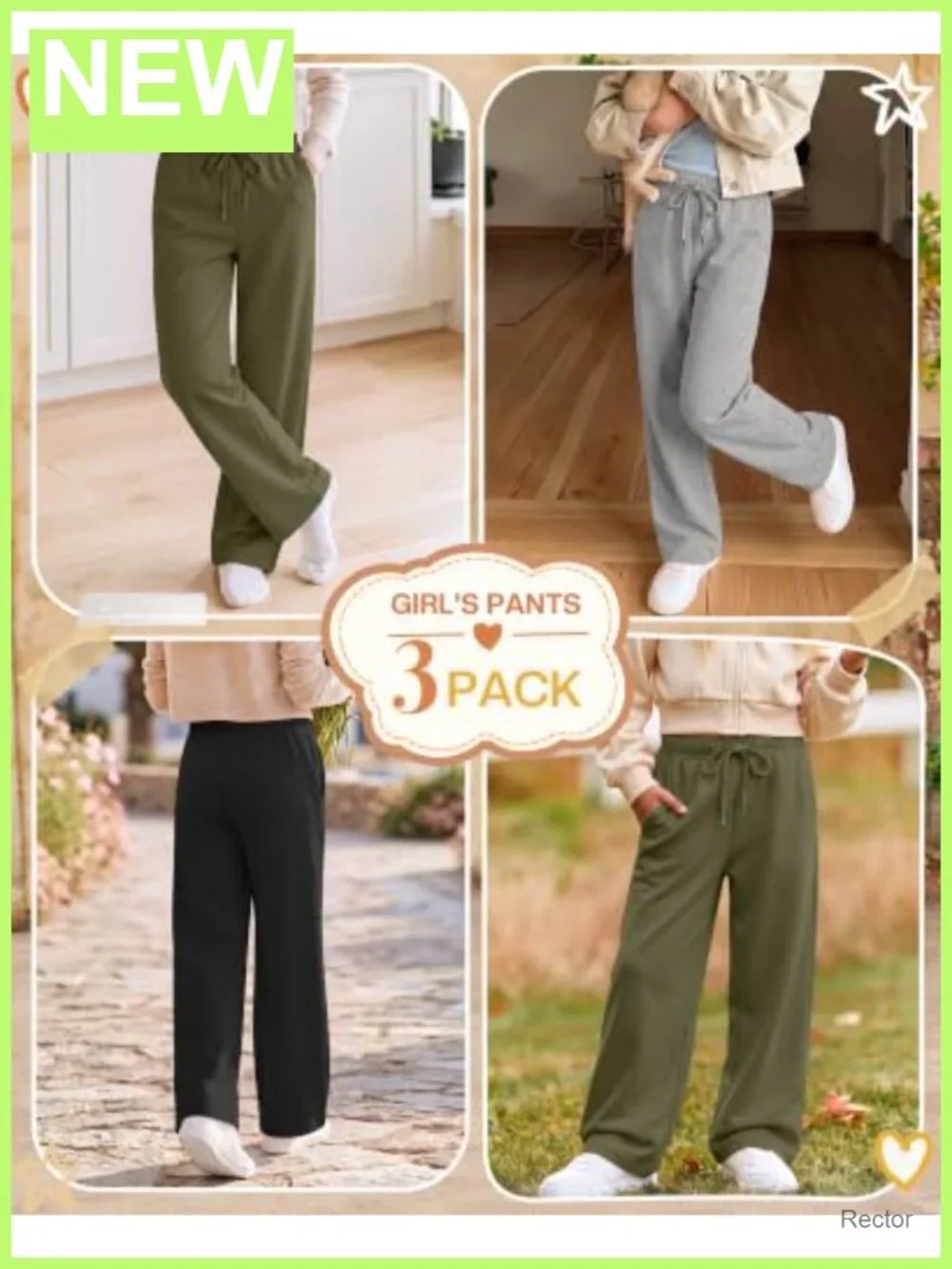 Girls Wide Leg Sweatpants 3 Pack Drawstring Pockets Active Pants